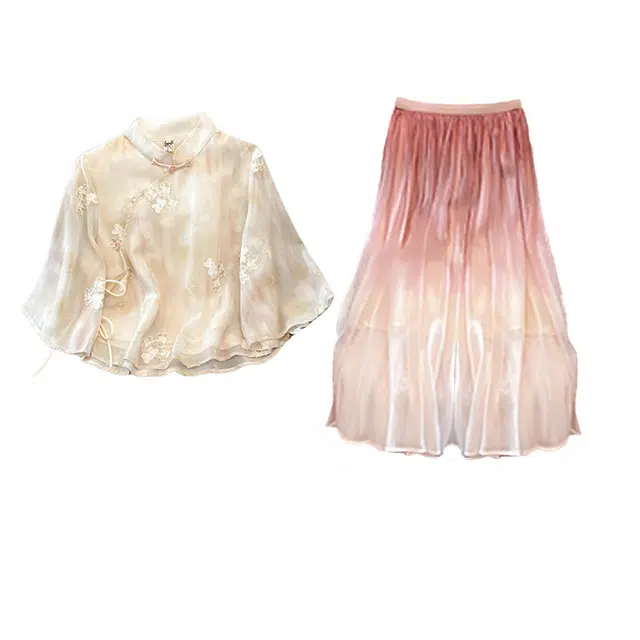 丝絮丝绸 新中式国风刺绣短袖少女旗袍两件套裙装套装 女款