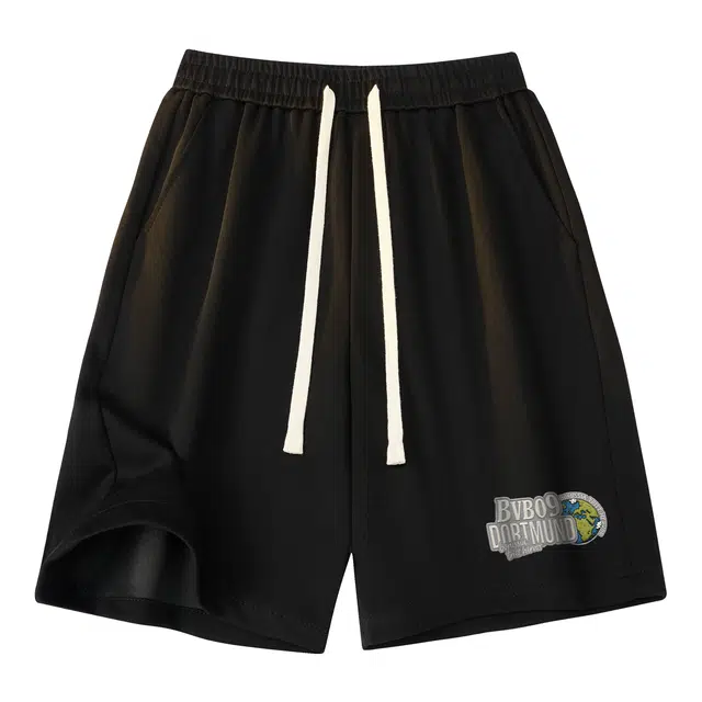 普鲁士多特蒙德 复古美式仿刺绣手写花体字母地球标语印花图案混棉重磅速干透气浅色系中性主义穿搭排汗吸湿运动训练五分百搭休闲短裤 男女同款