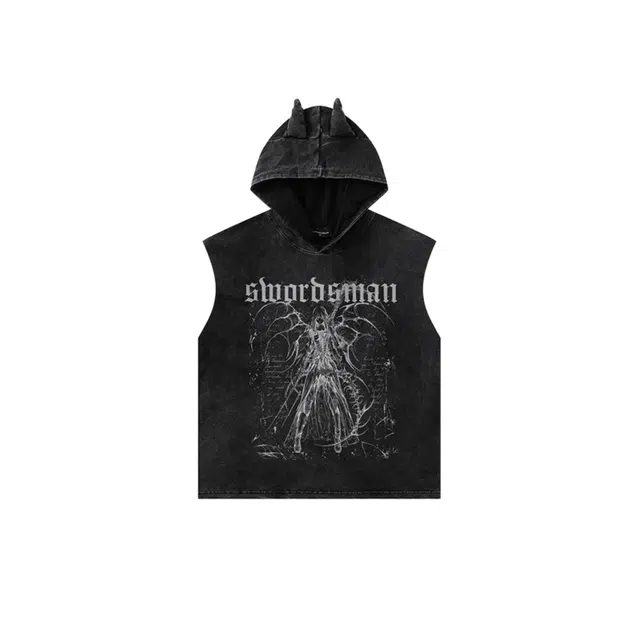 大格子与黑猫 美式复古印花做旧宽松连帽无袖背心 男款