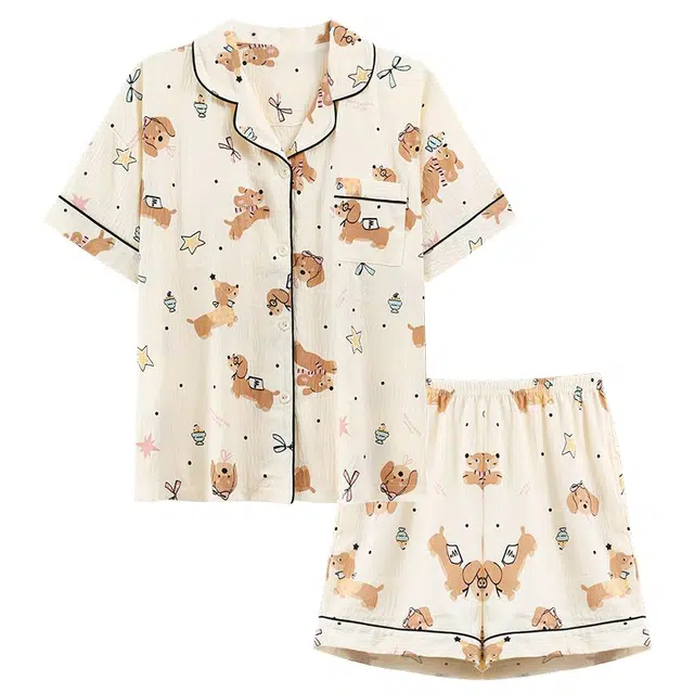 俏韵 翻领卡通甜美短袖三分裤薄款家居服可外穿夏季睡衣套装 女款