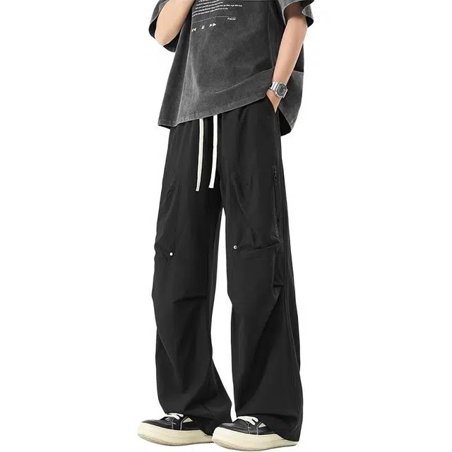 八哥 美式复古高街风纯色基础款系带工装裤时尚百搭宽松舒适透气休闲裤 男女同款