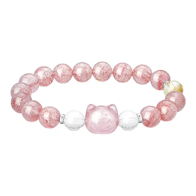 陌阡雪 【招财猫】甜美可爱温柔 新中式轻奢气质百搭 浪漫高级感小清新转运天然 草莓晶 手串 女款