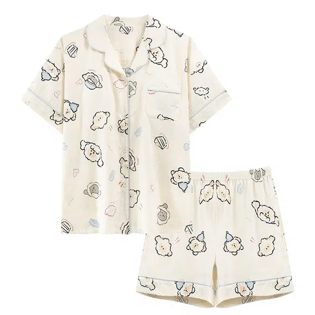 俏韵 卡通翻领甜美短袖三分裤薄款家居服可外穿夏季睡衣套装 女款