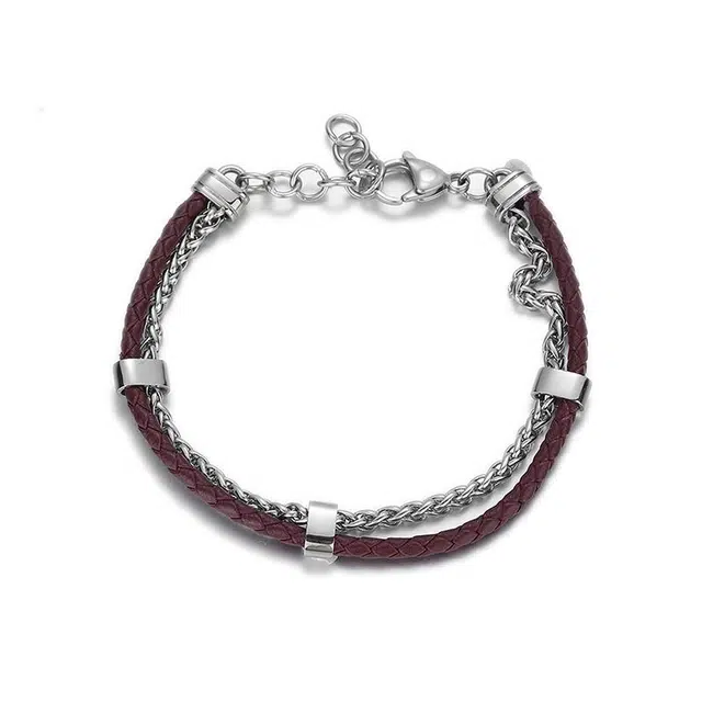 芊淑歆 双层设计皮绳轻奢时尚小众精致高级感精致优雅百搭款日常手绳男 钛钢 手链 男女同款情侣款