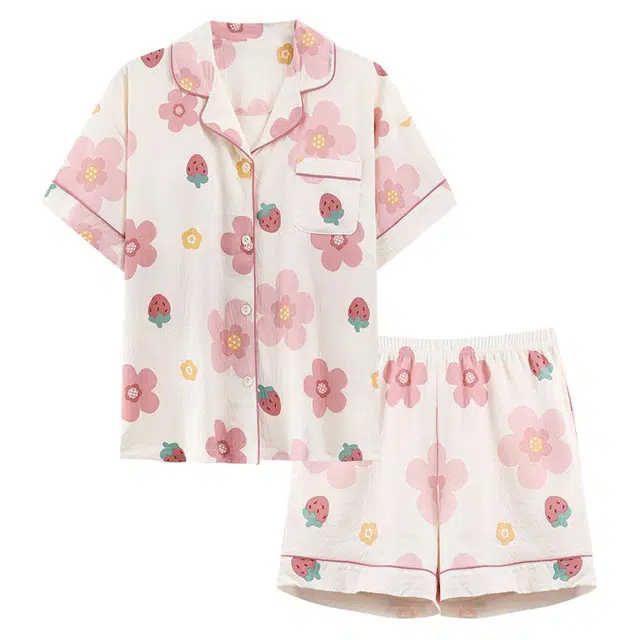 俏韵 翻领甜美舒适短袖三分裤薄款家居服可外穿夏季睡衣套装 女款