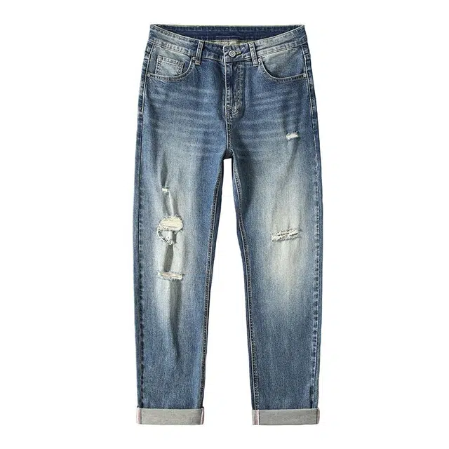 童先森 美式高街水洗破洞直筒宽松休闲牛仔裤 男款