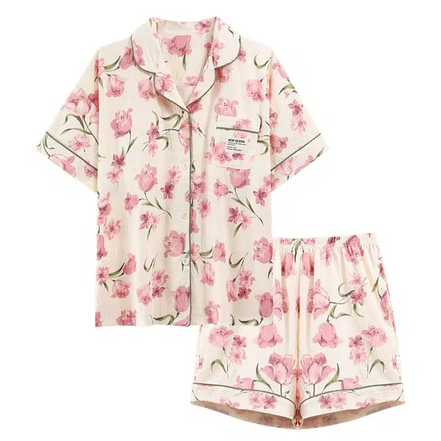 俏韵 短袖翻领甜美舒适三分裤薄款家居服可外穿夏季睡衣套装 女款