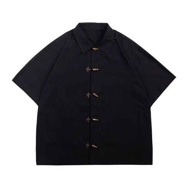 半空山 新中式国风牛角扣设计高街小众翻领唐装休闲宽松简约舒适轻熟纯色盘扣汉服短袖衬衫 男女同款