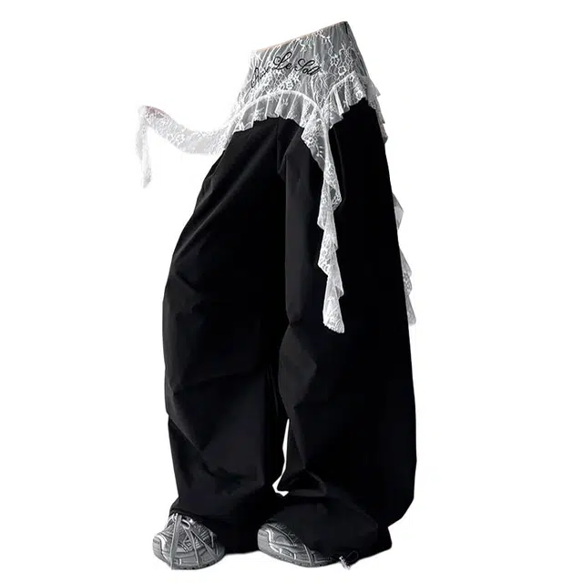 悍戈 美式高街蕾丝拼接假两件直筒阔腿拖地工装裤 透气凉感垂坠感强适合日常通勤休闲裤 男女同款