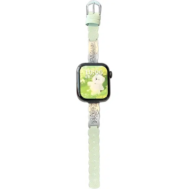 翱翔 苹果适用 手表表带 金属 皮质材质 饼干熊金属弯片拼波浪纹皮质表带男女通用