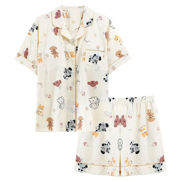 俏韵 翻领卡通甜美风短袖三分裤薄款家居服可外穿夏季睡衣套装 女款