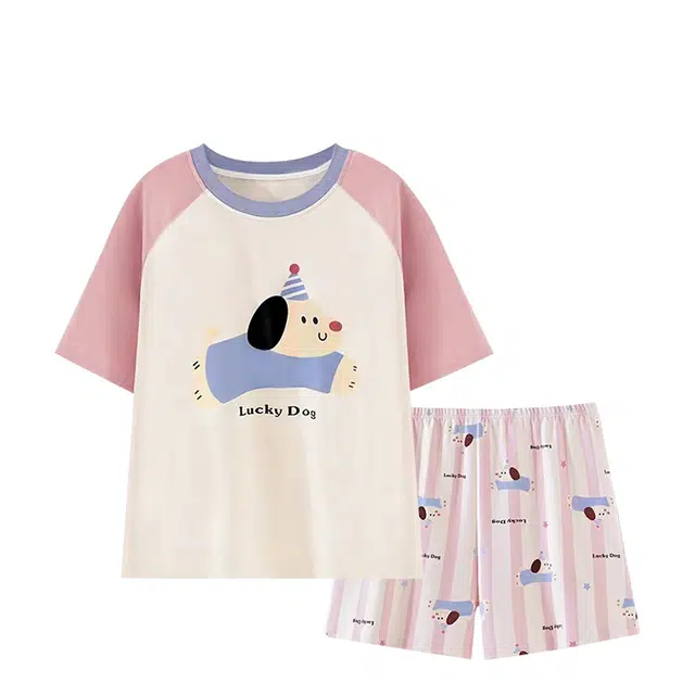 俏韵 圆领卡通甜美风宽短袖家居服可外穿睡衣套装 女款