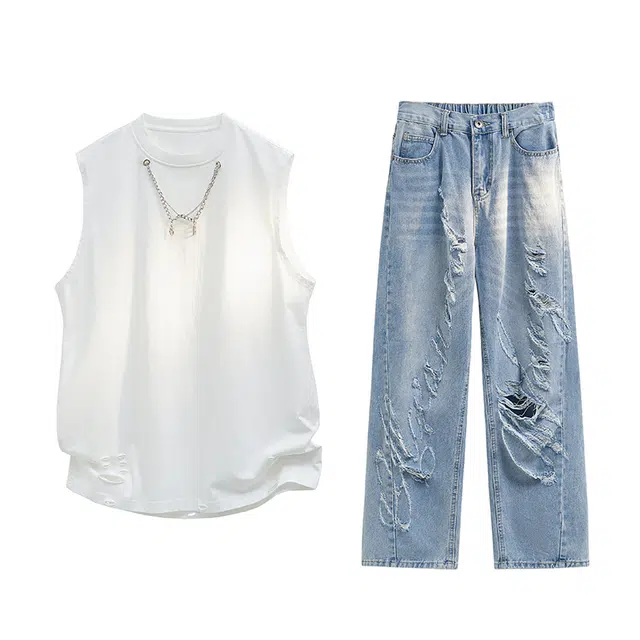 零氏 美式复古潮流自带金属项链装饰痞帅无袖坎肩背心破洞牛仔裤宽松直筒百搭流苏水洗做旧牛仔长裤休闲运动套装 男女同款