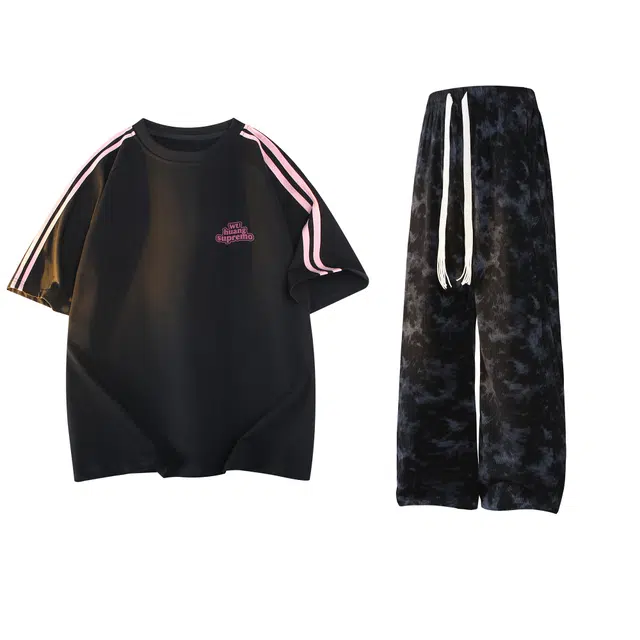 吾皇猫 美式复高街简约基础款学院风圆领套头短袖直筒宽松长裤休闲运动套装 男女同款