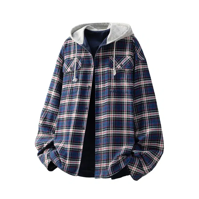 零氏 美式复古格子连帽高街休闲宽松百搭运动长袖衬衫 男女同款