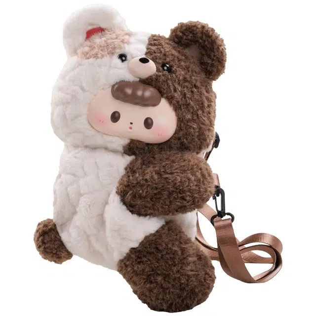 抱竹 古力古力 可爱 熊孩子 搪胶趴趴包 毛绒 玩偶包 斜挎包 涤纶（聚酯纤维） 双肩包 大号 女款 白色拼棕色