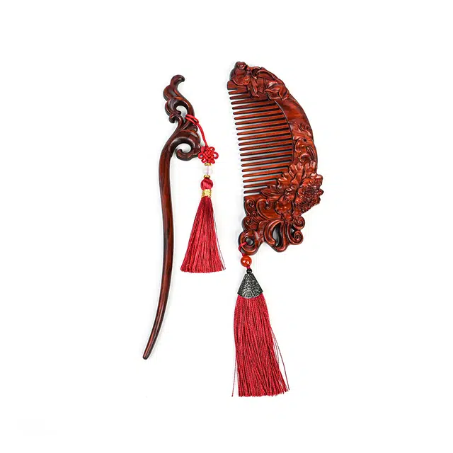 天纵 新中式国风高端精致梳礼套装 精雕如意牡丹发簪礼盒 花开富贵 结发同心 头部按摩经络 古风汉服穿搭婚庆佳品 血檀 木梳 女款