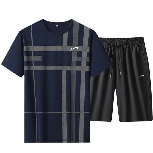 贵人鸟 冰凉系列 冰丝凉感线条设计简约短袖宽松五分短裤爸爸装休闲运动套装 男款
