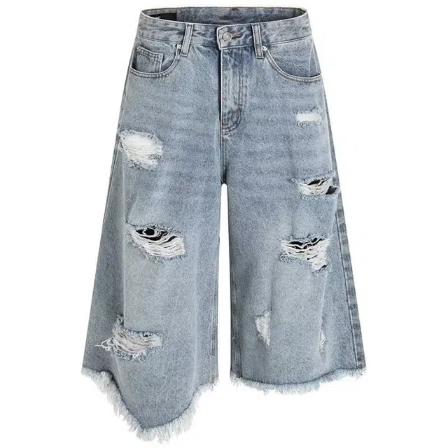 拾个壹先生 美式复古不规则流苏水洗破洞宽松阔腿七分牛仔短裤 男女同款