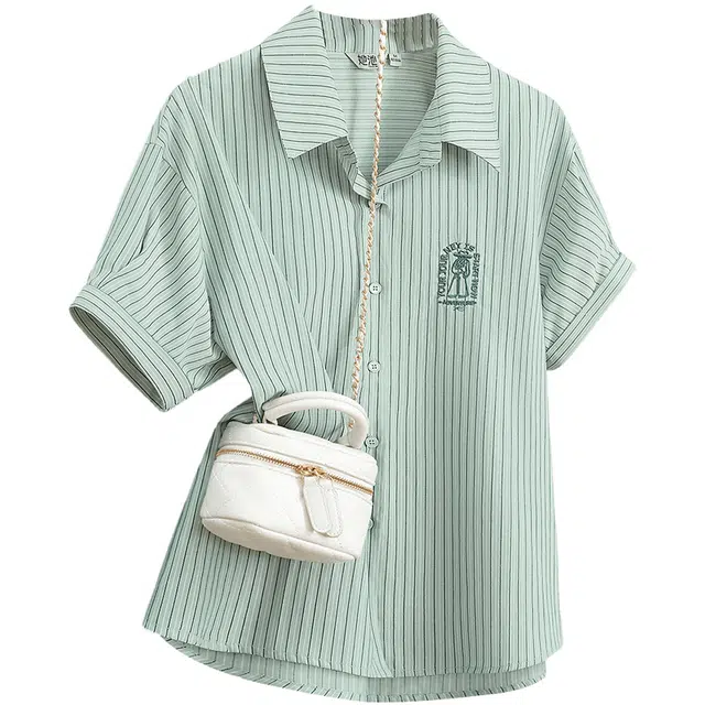 她池 通勤宽松休闲衬衣翻领短袖条纹衬衫 女款