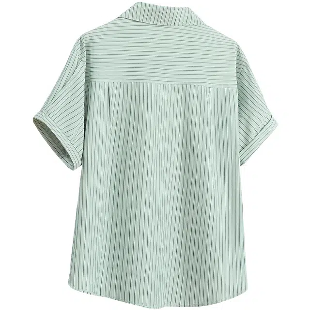 她池 通勤宽松休闲衬衣翻领短袖条纹衬衫 女款