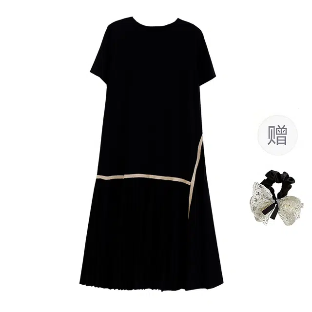 涂诗菲 小个子时尚简约撞色拼接百褶显瘦中长款大码短袖连衣裙 女款