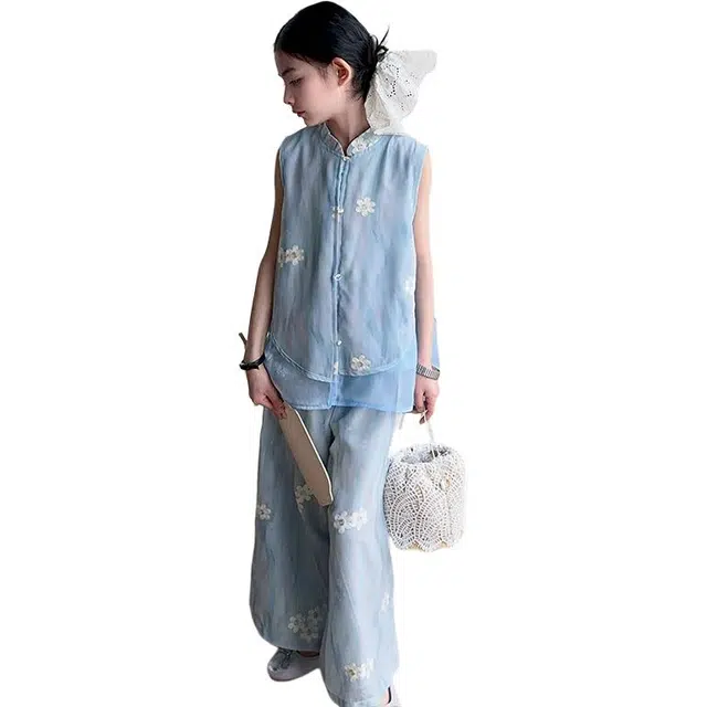 泰迪珍藏休闲运动套装 女童新中式刺绣旗袍国风汉服大儿童冰丝上衣夏季薄款