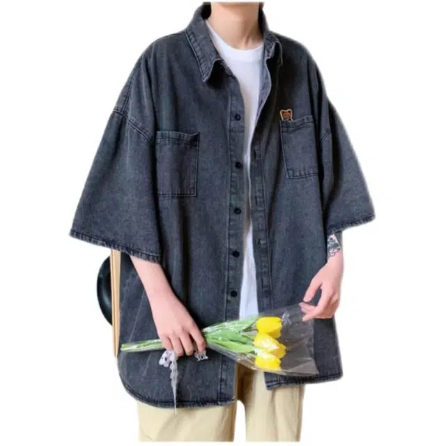 木木兔 百搭港风日系牛仔休闲透气时尚简约轻便轻便简约痞帅短袖衬衫 男款