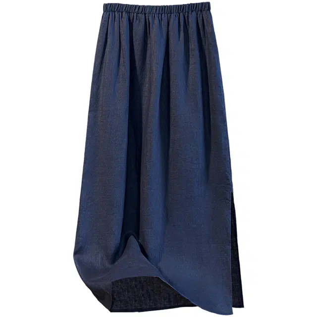 她池 松紧腰宽松文艺风开叉休闲长裙 女款 藏青色