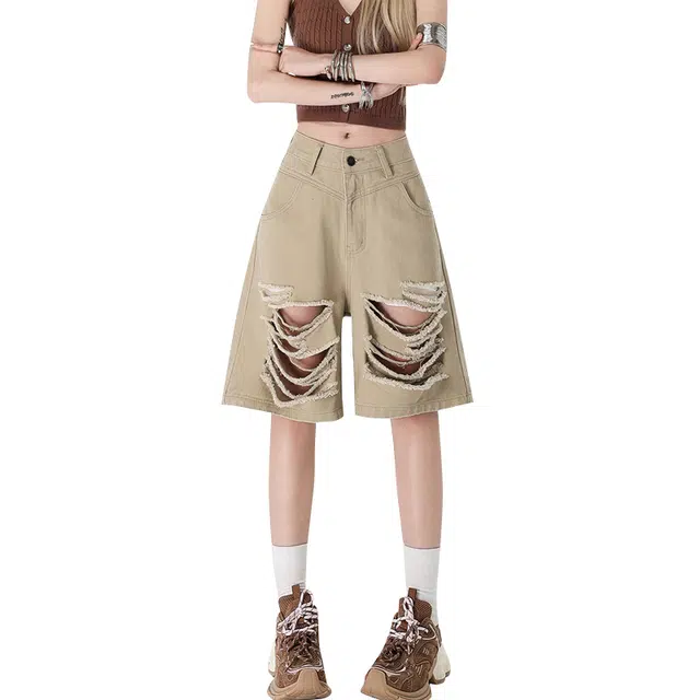 玫丝朵 破洞百搭高腰宽松直筒牛仔短裤 女款