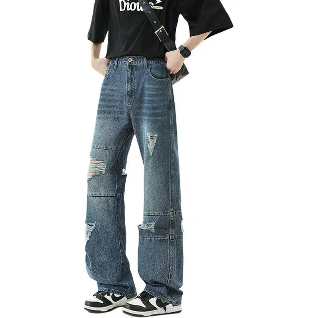 隐狼世家 复古做旧脏染破洞夏季宽松垂感直筒牛仔裤 男款