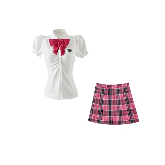 花山家的猫 日系甜美收腰纯欲辣妹学院风短袖泡泡袖百褶裙制服 女款