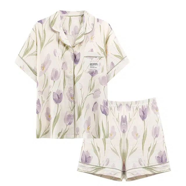 俏韵 翻领舒适甜美短袖三分裤薄款家居服可外穿夏季睡衣套装 女款