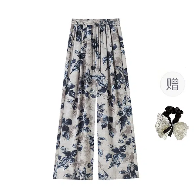 涂诗菲 印花设计感阔腿长裤高腰垂感显瘦直筒拖地宽松休闲裤 女款