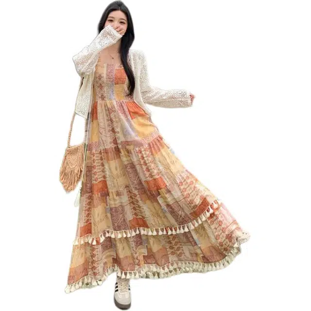 哒头下雨不愁 复古波西米亚风流苏梨形身材吊带裙显瘦长袖外套裙装套装 女款