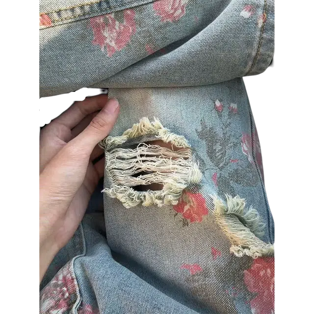 佑麟 美式高街花卉破洞高级感显瘦裤子玫瑰满印直筒裤牛仔裤 男女同款