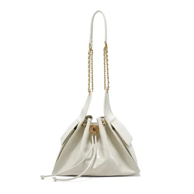 西木汀 见面 高级感小众设计水桶包腋下包小个子 牛皮 单肩包 大号 女款 米白色/深邃黑