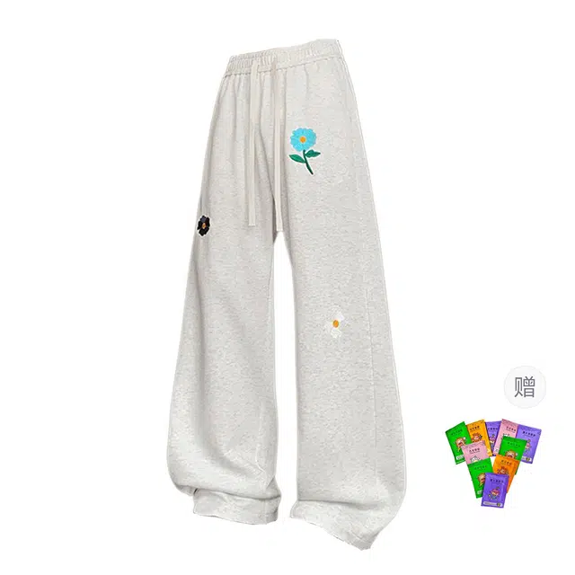 梓润格 薄款无性别主义美式透气不闷汗青春艺术百搭潮流时尚独特印花高颜值纯欲风卫裤花朵刺绣日常通勤基础款裤子休闲裤 男女同款