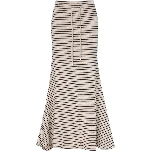 拾籍 慵懒风气质款百搭包臀半身裙时尚条纹抽绳设计鱼尾裙休闲长裙 女款