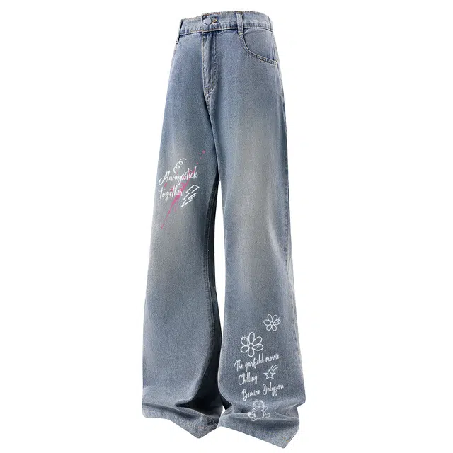 加菲猫家族 美式高街时尚植物花卉字母涂鸦设计印花直筒垂感街头痞帅个性水洗做旧复古基础宽松微喇中腰显高牛仔裤 男女同款