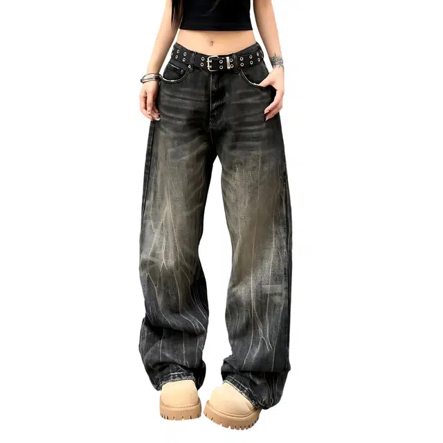 冈哉 美式高街渐变闪电裂纹拼接设计水洗做旧时尚潮流百搭微喇宽松拖地休闲牛仔裤 男女同款