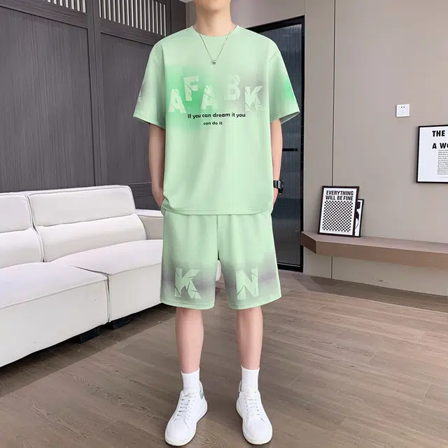 北极绒 条纹文艺范美式高街短袖舒适透气港风设计短裤休闲运动套装 男款