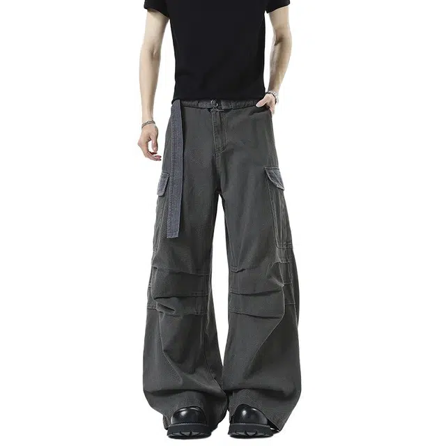 佐菲利 复古水洗多口袋夏季撞色设计感褶皱伞兵裤休闲阔腿裤工装裤 男女同款