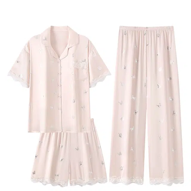 俏韵 翻领柔软蝴蝶可爱短袖三件套薄款家居服可外穿睡衣套装 女款
