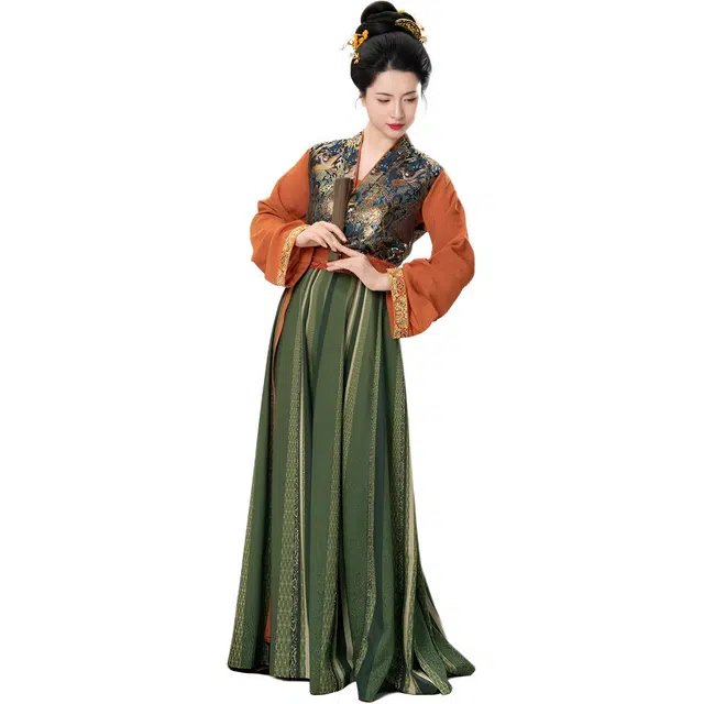 织造司 原创新中式唐制复原妆花长袖圆领衫古风潮流设计感唐褙子一片式文艺复古八破裙汉服 女款