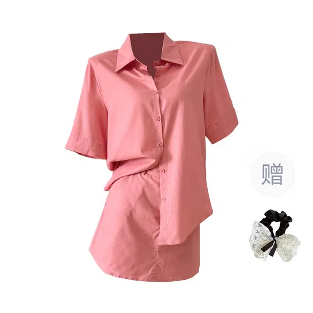 涂诗菲 通勤甜美温柔时尚气质休闲减龄纯色防晒短袖衬衫上衣半身裙裤裙装套装 女款