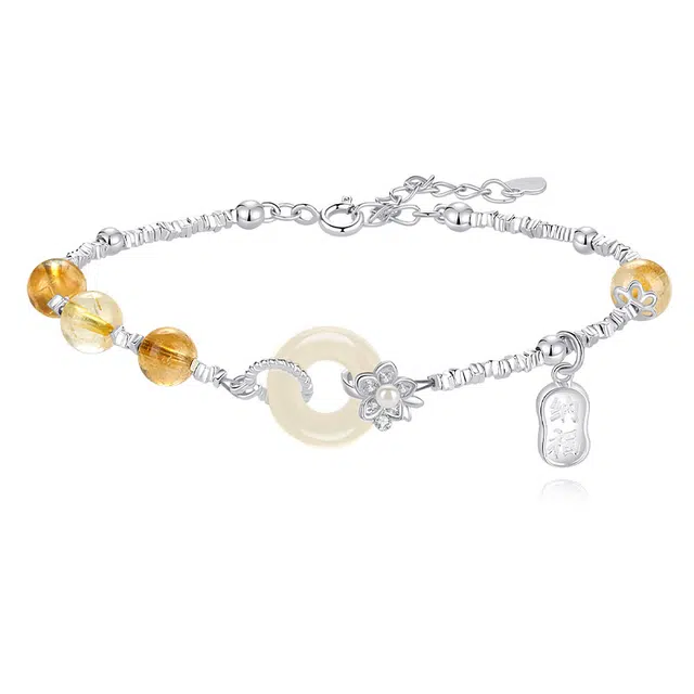 银千惠 新中式 财富之石小确杏碎银子纳福牌转运珠平安扣 小众国风碎碎平安小杏运简约女友手饰 吸金招财平安纳福#好运 黄水晶 手链 女款