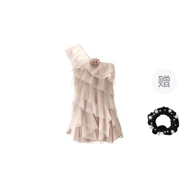 雾闪闪 氛围感斜肩多层网纱拼接短款花朵纱裙无袖连衣裙 女款