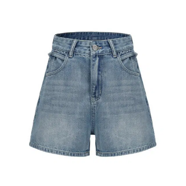 【dme】 休闲中高腰宽松水洗透气耐磨纯色直筒五分牛仔短裤 女款