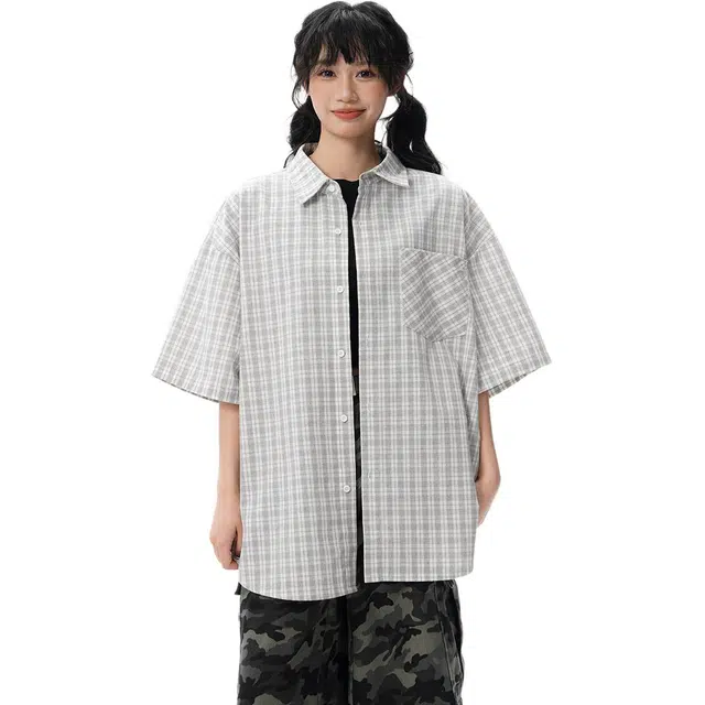 颂希尔 美式潮牌情侣短袖格子衬衫时尚百搭帅气宽松衬衣 男女同款